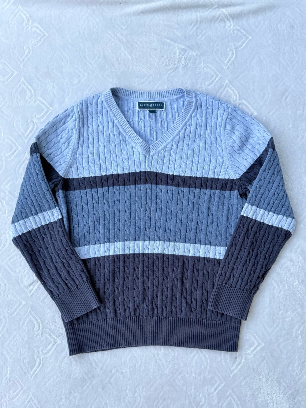 Karen Scott Striped Cable-Knit V-Neck Sweater in Light Blue & Navy